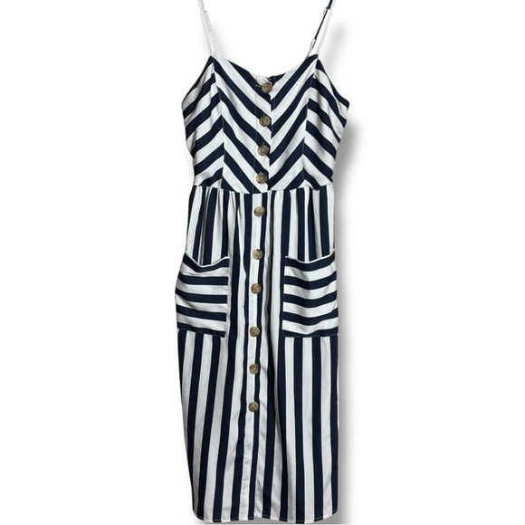 Style House Navy/White Stripe Sleeveless Button Down Front Midi Dress w/ Pockets - Picture 13 of 16